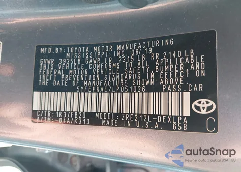 2020 Toyota Corolla Le z USA, uszkodzony, nr VIN 5YFEPRAE7LP051036